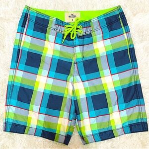 HOLLISTER Neon Plaid Preppy long Board Shorts swim trunks size medium